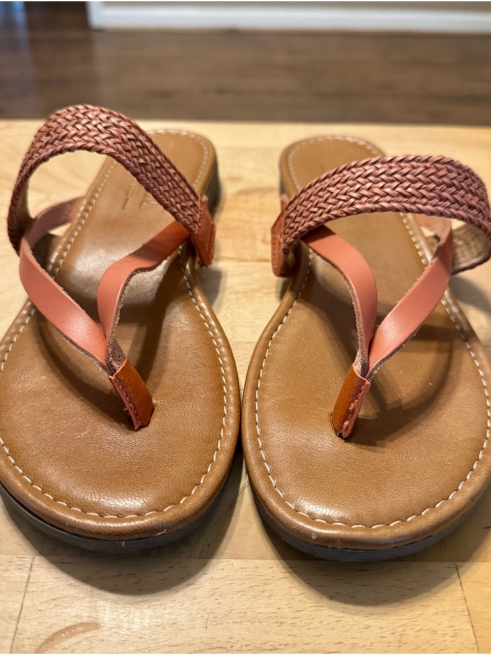 Mila Paoli Coral Braided Thong Sandals with Tan Footbed